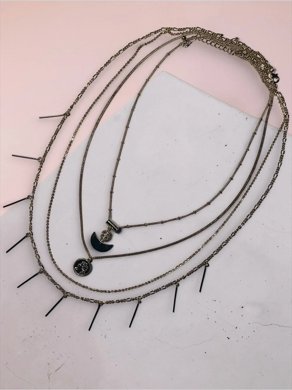 Gold 4 Layered Crescent & Coin Pendant Necklace Set - Picture 7 of 10